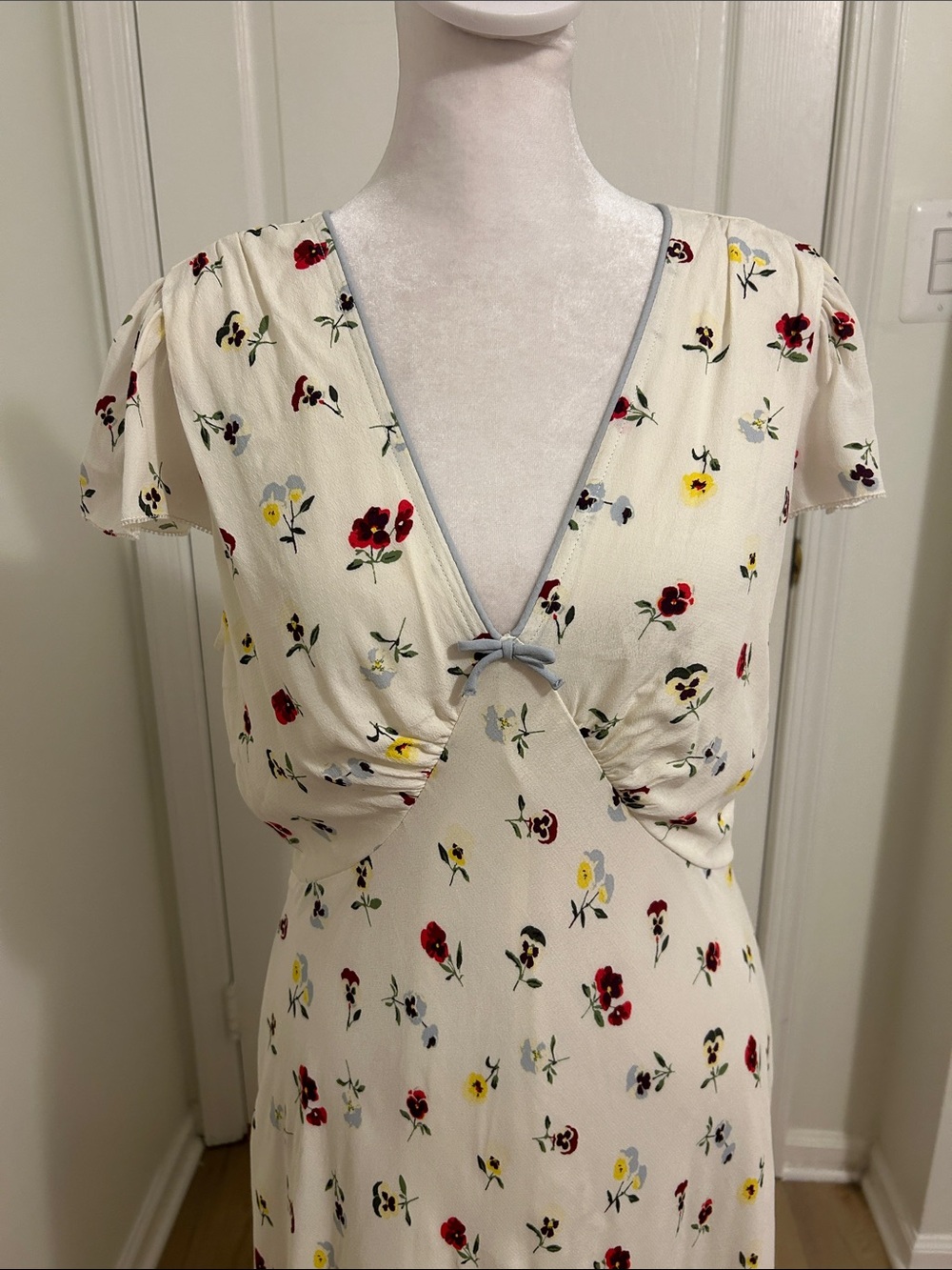 Gap x Doen Pansy Floral Blue Trimmed Tie Midi Dress New Size 4 Cottagecore - Picture 9 of 16